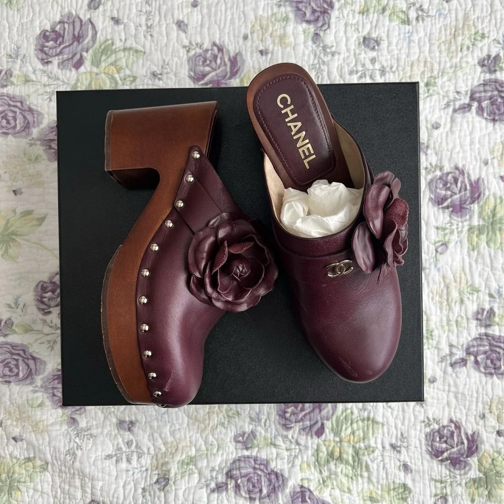 Chanel Burgundy Leather Camellia Flower Studded Platform Clogs 2023 IT 40
